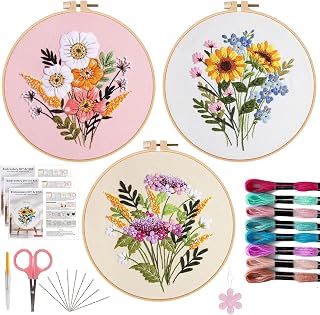OFFIZON 3Pack Embroidery Kit for Beginners Hand Sewing Kit Gift FlowerB | Cross Stitches for Adult, Stitching Embroidered Kits, Starter and Beginner, Accessories & Hoop Included