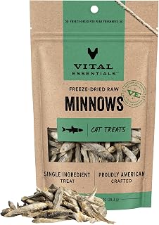 Vital Essentials Freeze Dried Minnows Cat Treats, 1.0 oz Bag | Single Ingredient, Premium Quality Protein, Grain Free, Healthy Treats, USA Made with U.S. & Globally Sourced Ingredients