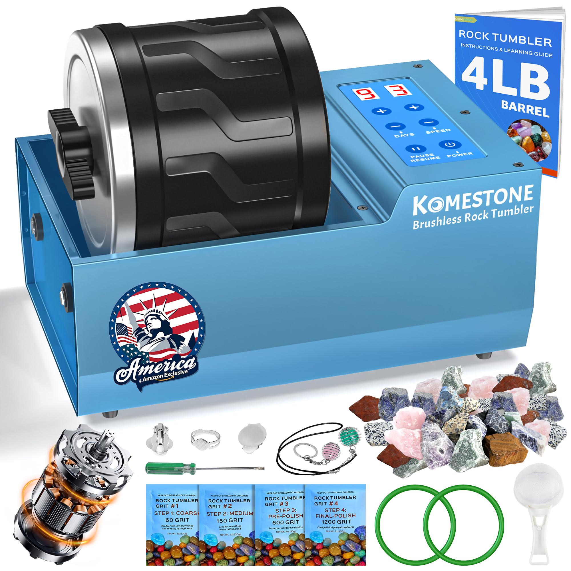 KomeStone G1 4LB Professional Rock Tumbler Kit for Adults | Brushless Rock Polis