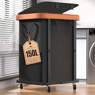 Laundry Hamper with Lid,150L Leather Patchwork Laundry Basket with Wheels | Sturdy Metal Frame,Removable Washable Bag,Tall Clothes Sorter for Bedroom Aesthetic,Laundry Room,Dorm - Black