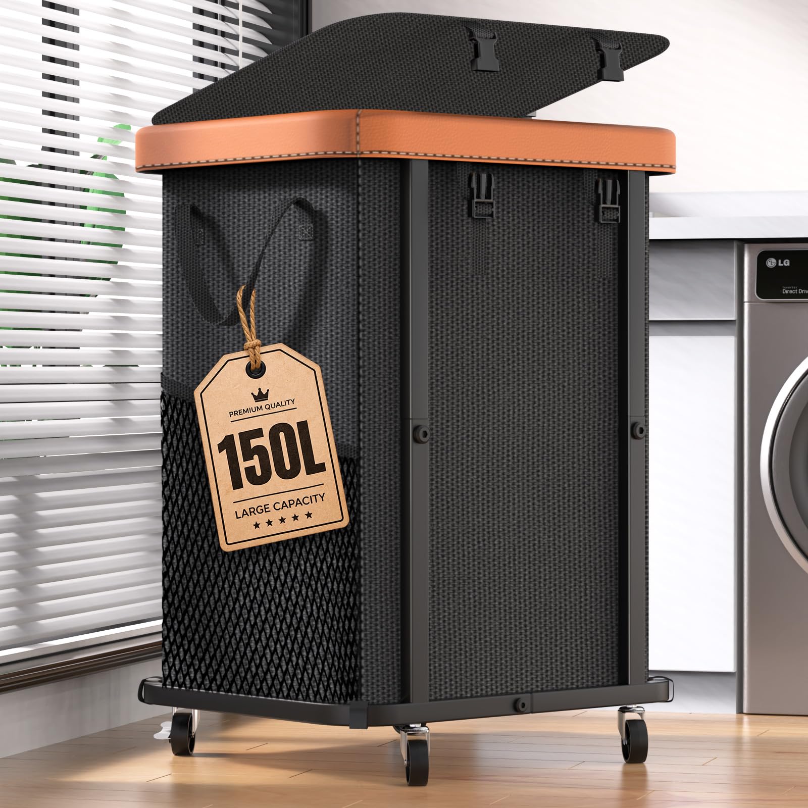 Laundry Hamper with Lid,150L Leather Patchwork Laundry Basket with Wheels | Stur