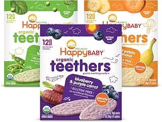 HAPPY BABY Gentle Teething Wafers, 3 Flavor Variety Pack, 12 ct (3 Pack) | USDA Organic Baby Snack, Easy-dissolving Wafers Made with Jasmine Rice Flour, Soothes Gums, No Artificial Flavors, Non-GMO