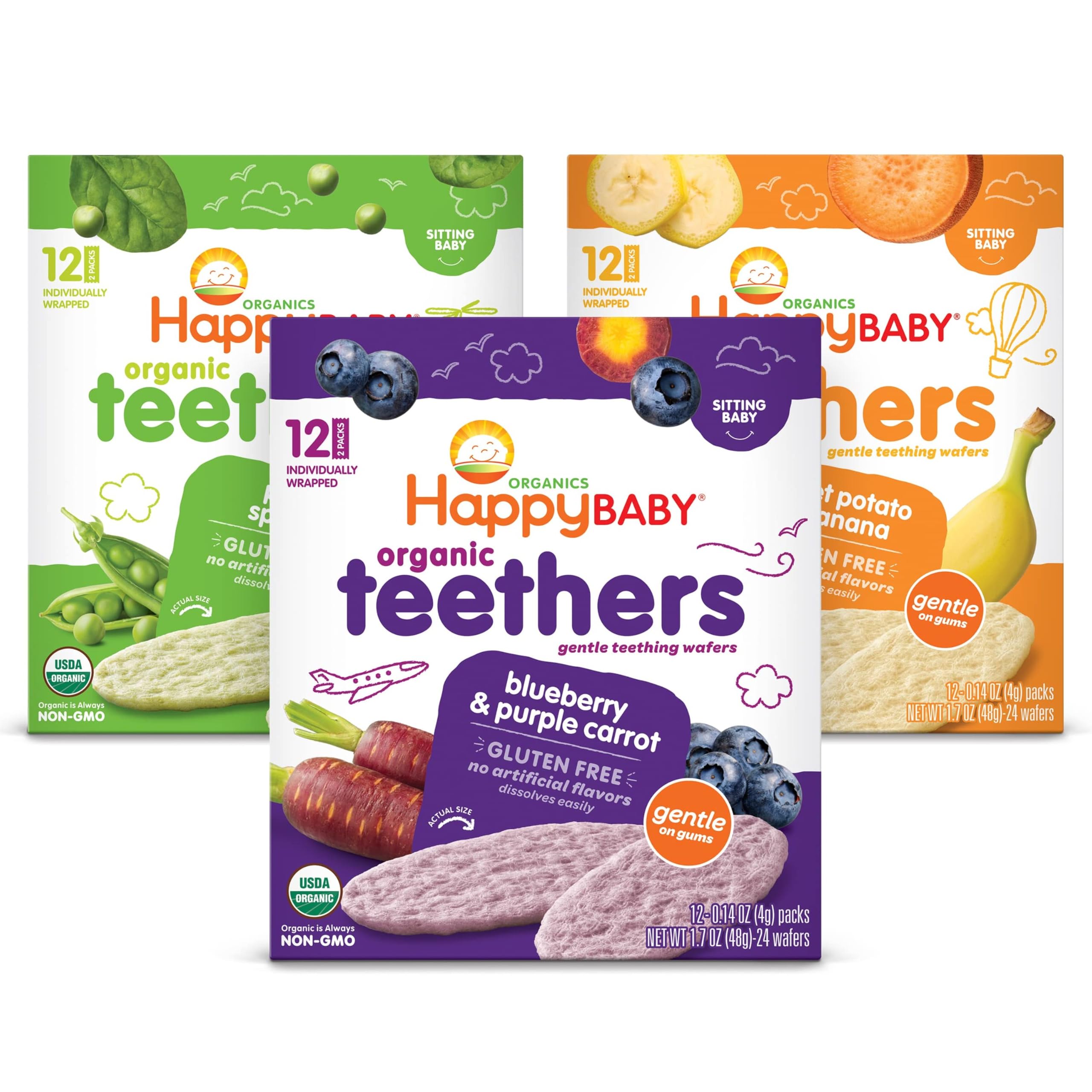 HAPPY BABY Gentle Teething Wafers, 3 Flavor Variety Pack, 12 ct (3 Pack) | USDA 