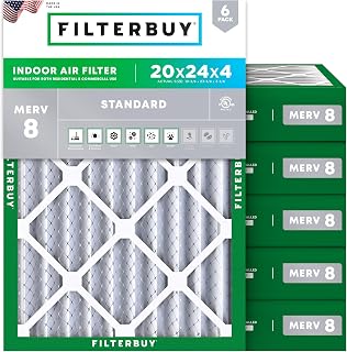 Filterbuy 20x24x4 Air Filter MERV 8 Essential Dust & Allergy Defense (6-Pack), Electrostatic Pleated HVAC AC Furnace Filters Replacement, Made in USA (Actual Size: 19.38 x 23.38 x 3.63)