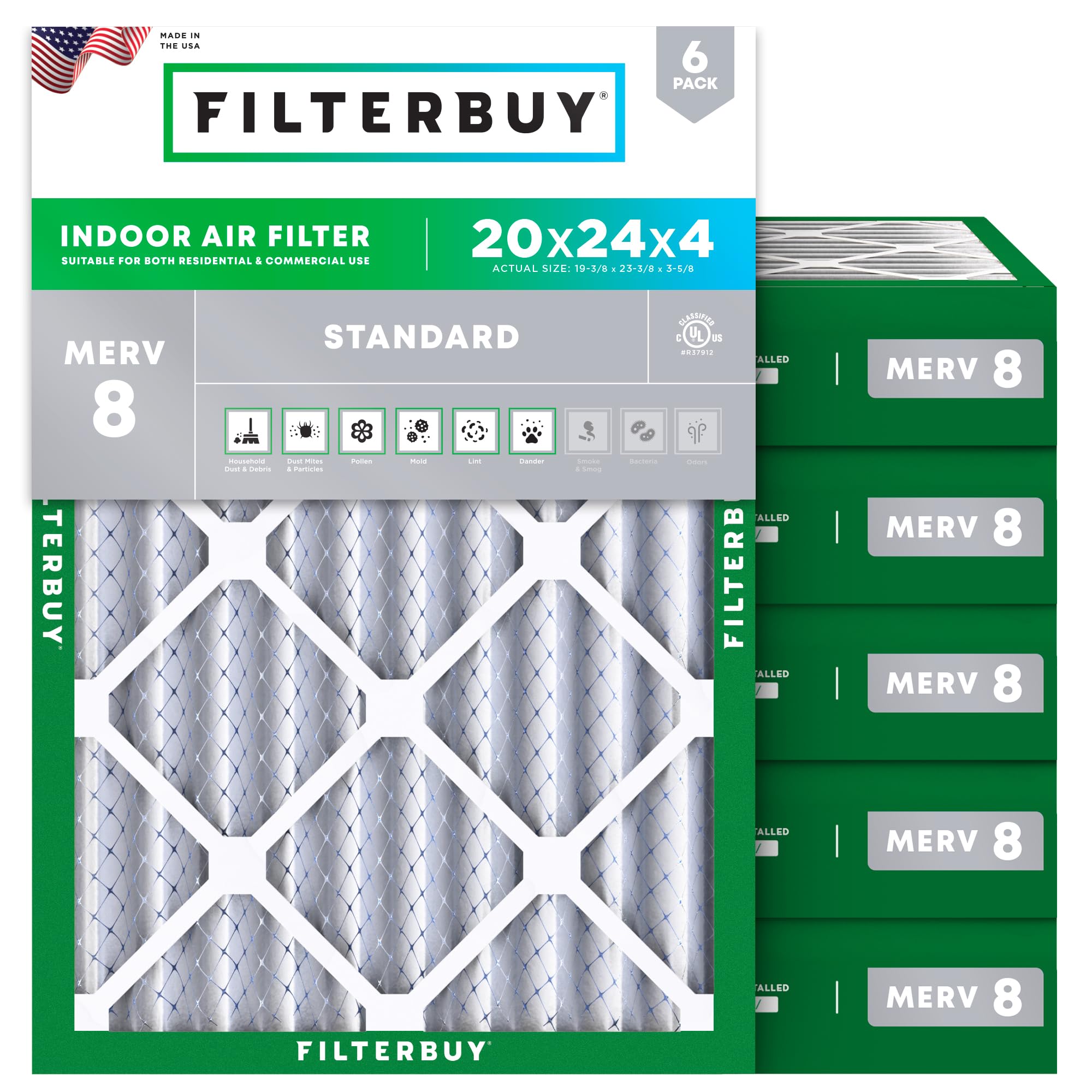 Filterbuy 20x24x4 Air Filter MERV 8 Essential Dust & Allergy Defense (6-Pack), E