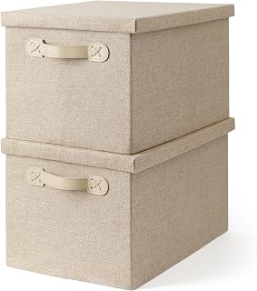 Fabric Storage Bins with Lids, Heavy Duty Collapsible Organizer Bins for Shelves, Stackable Closet Woven Baskets with Handles, 25L Rectangle Boxes for Bedroom Office, Cube Home Decor (Beige 2 Pack)