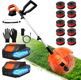Weed Wacker Eater Battery Powered Cordless Ergonomic Small Yards & Seniors | 21V Electric String Trimmer Power Edger Lawn Mover Lightweight Grass Cutter 12" with Charger for Yard Garden Sideway (Orange)