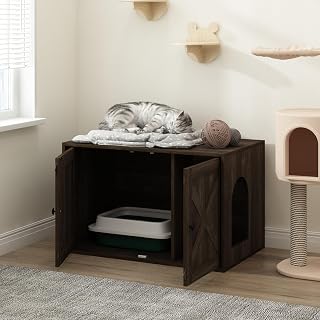 Furinno PELI Cat Litter Tray with Side Entrance, Wooden Cat Litter Tray with Slatted Door, Easy to Assemble for Living Room, Ebony