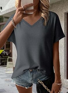 Womens Casual V Neck Short Sleeve Waffle Knit Dress Tunic Tops Casual Fit