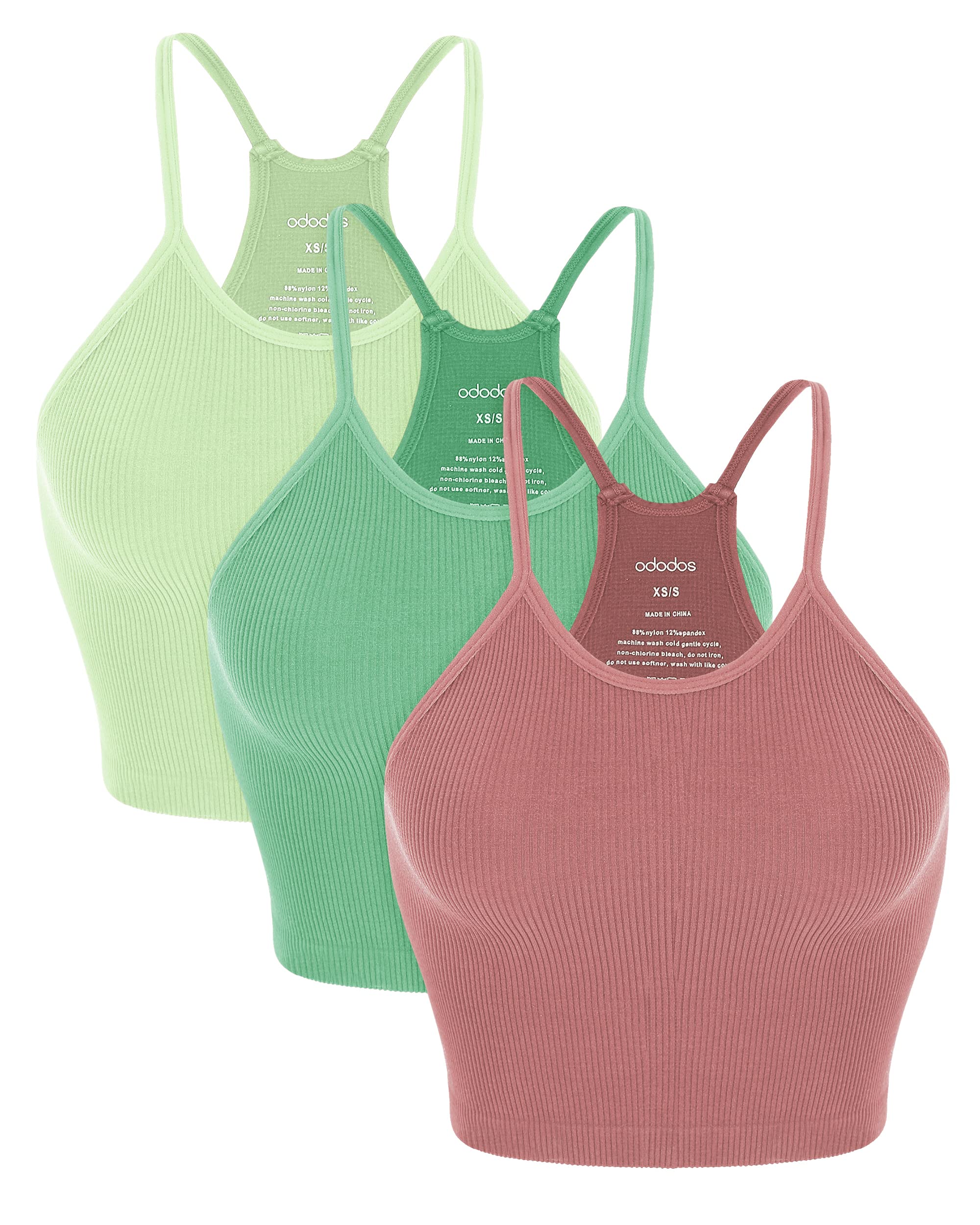 ODODOS Women's Crop 3-Pack Seamless Rib-Knit Camisole Crop Tank Tops