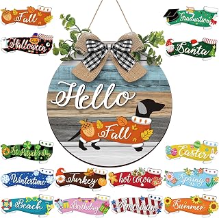 16 Pieces Interchangeable Wooden Dog Door Hanging Ornaments Rustic Dachshund Ornaments Seasonal Sign Replaceable Vertical Hanging Sign Welcome Door Sign
