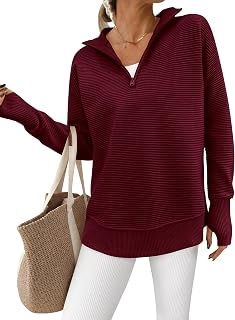 PRETTYGARDEN Women Long Sleeve Quarter Zip Casual V Neck Ribbed Collar Thumbhole Sweater