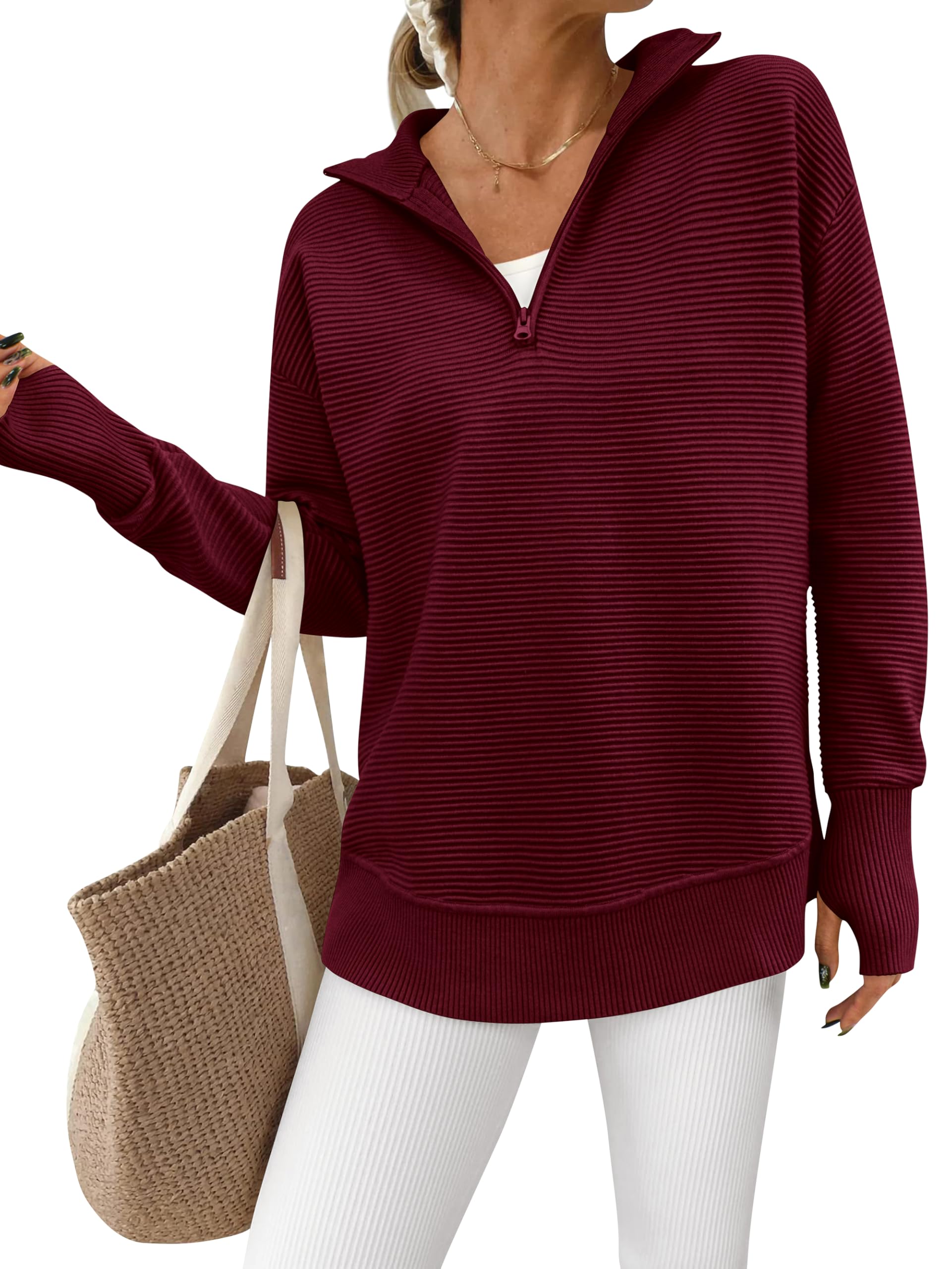 PRETTYGARDEN Women Long Sleeve Quarter Zip Casual V Neck Ribbed Collar Thumbhole