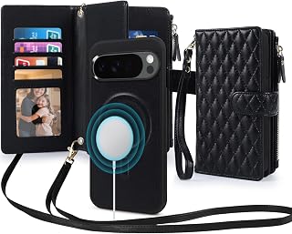 2 in 1 for Google Pixel 9 Pro XL / 10 Pro XL Wallet Case Magnetic Compatible with Magsafe RFID Blocking Card Holder Detachable Phone Cover Zipper Purse Kickstand Wrist Strap for Women Crossbody Black