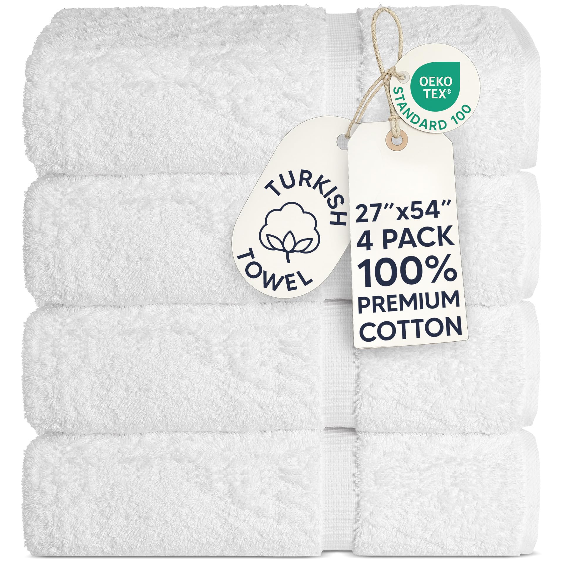 Chakir Turkish Linens 100% Cotton 4-Pack Bath Towels 27x54, White | Premium Cott