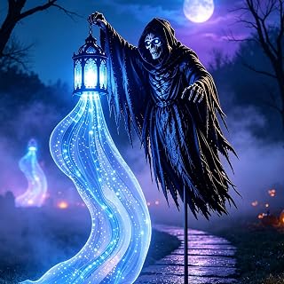 Halloween Soul Harvester Animated Garden Light, Blue | Solar Powered Grim Reaper Lawn Stake with Glowing Blue LED Soul Effect for Yard, Lawn, Patio & Outdoor Halloween Deco