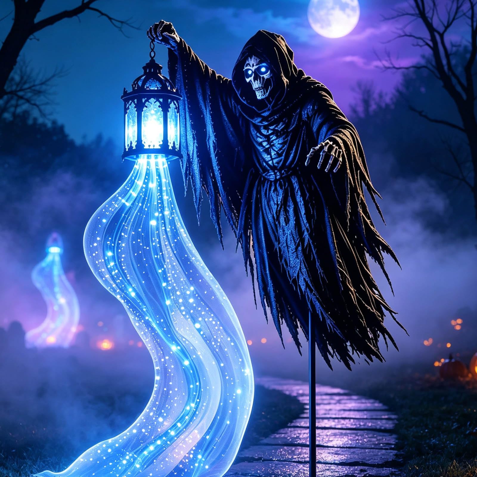 Halloween Soul Harvester Animated Garden Light, Blue | Solar Powered Grim Reaper