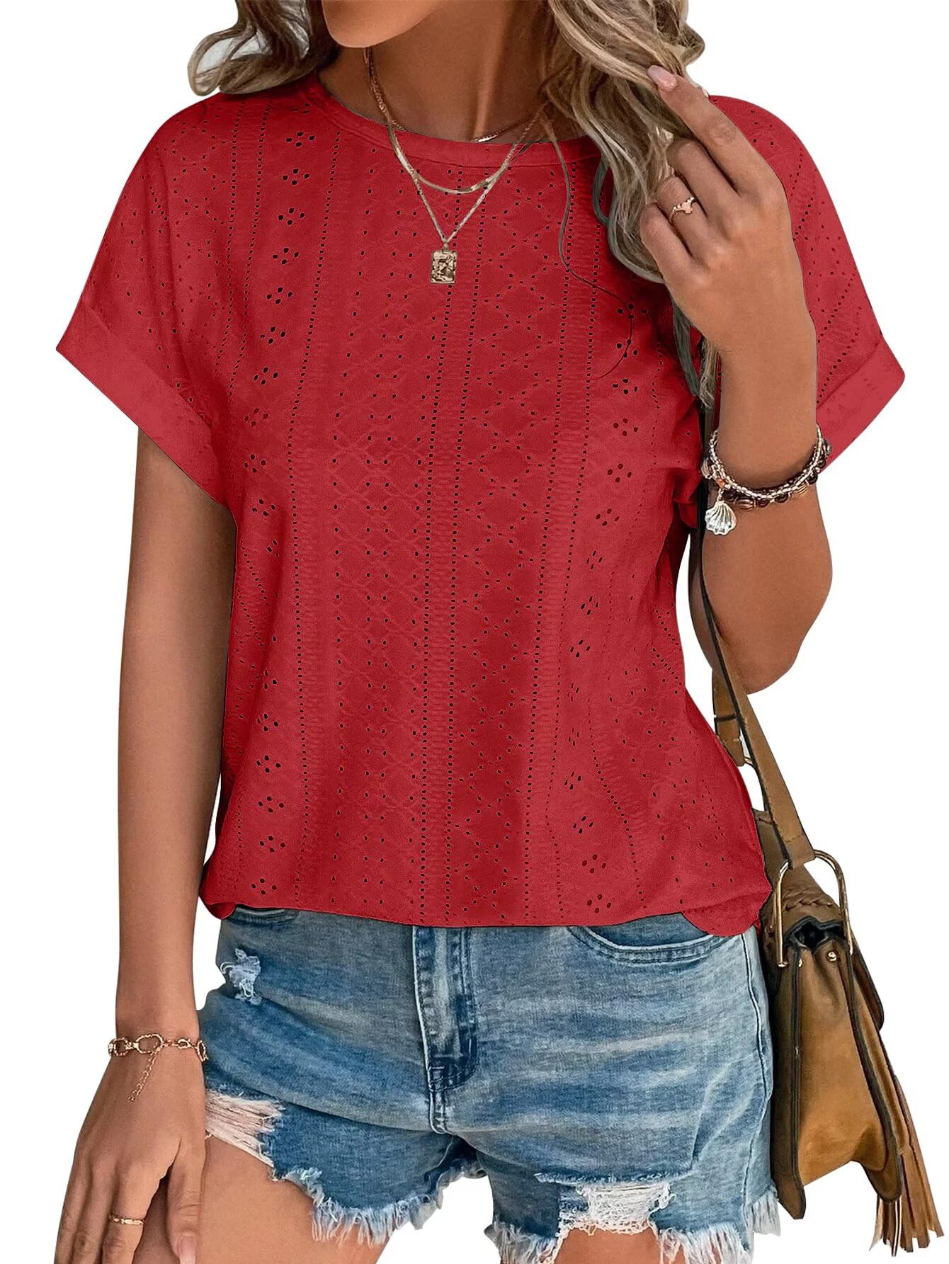Bliwov Women's Summer Short Sleeve Embroidery Eyelet Blouses