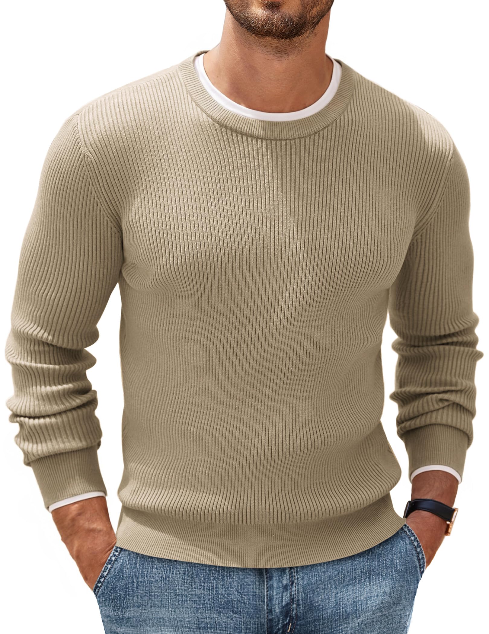 COOFANDY - Men's pullover sweater, crew neck, basic knit, long sleeve, stylish a