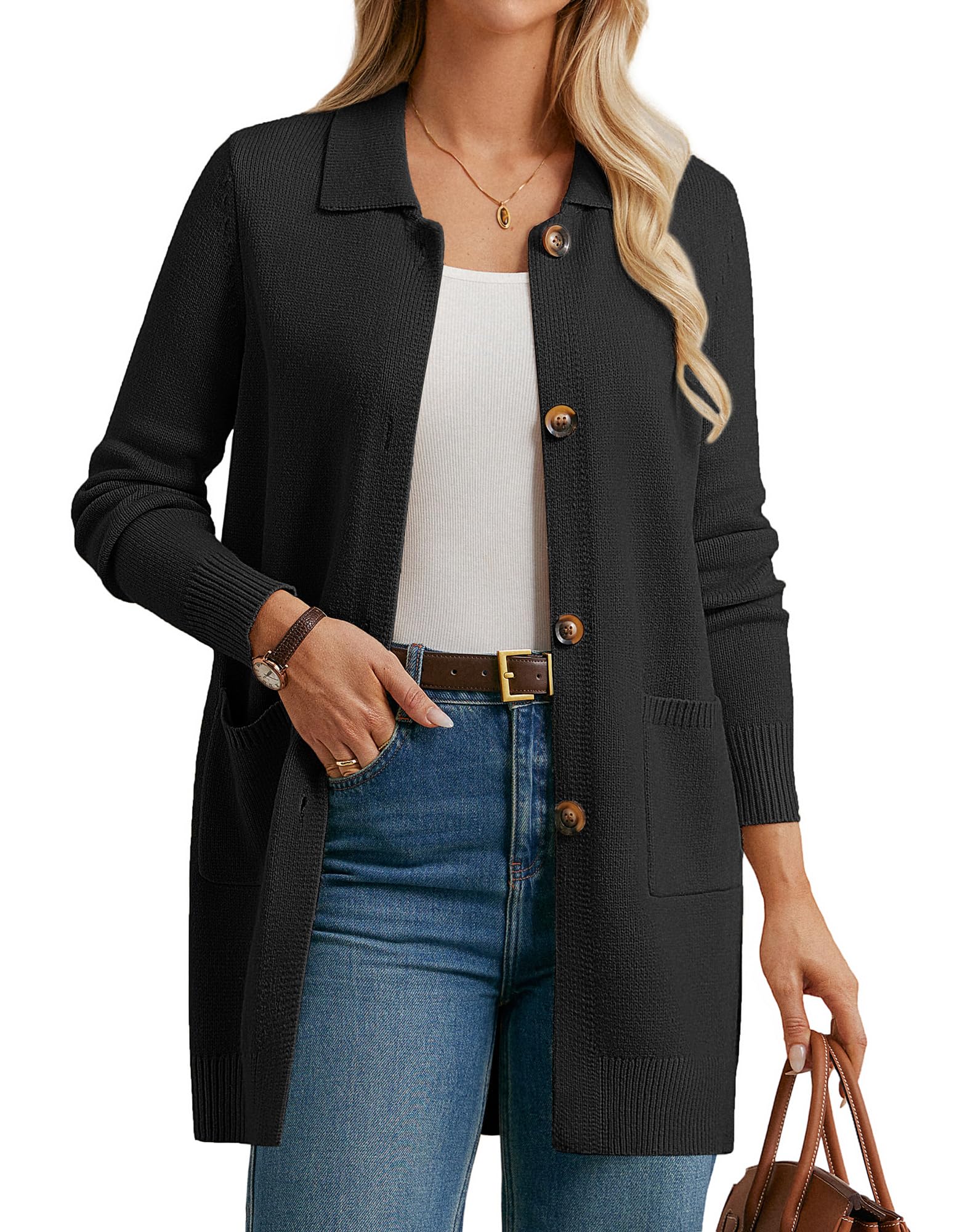 GRACE KARIN Women's Long Cardigans Long Sleeve Lapel Neck Button Cardigan