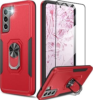 Oterkin for Samsung Galaxy S21 FE Case,Heavy Duty Military Grade Shockproof Case for Galaxy S21 FE 5G with Kickstand Ring Tempered Glass Screen Protector Support Magnetic Car Mount (Red)
