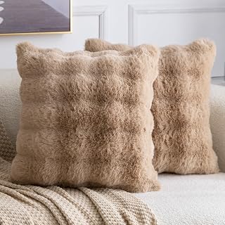 MADIZZ Pack of 2 Thick Plush Faux Wool Throw Pillow Covers Soft Boho Throw Pillows Luxurious Cushion Covers for Couch Sofa Bedroom Living Room Home Decor 22x22 Inch Camel