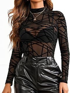 Avidlove Women Mesh Top Long Sleeve Transparent Shirt Mock Neck Blouse Clear Clubwear Party XS-XXL