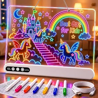 Led Drawing Board with 14 Light Effects,16" Rechargeable Glow Doodle Led Note Board with Colorful Markers,Neon Art Dry Erase Doodle Glow Drawing Tablet,Chritmas Birthday Festival Gifts for Kid (White)