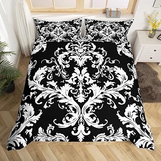Feelyou Girls Damask Pattern Comforter Cover Boho Damascus Bedding Set for Women Adults Black White Baroque Style Duvet Cover European Model Bedroom Decor Queen Size Quilt Cover 3pcs
