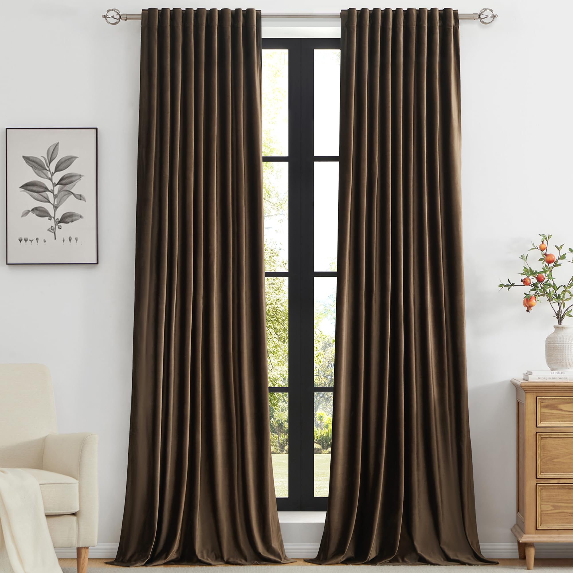 Primrose Primrose Brown Velvet Curtains 96 Inch Long for Living Room 2 Panels Bl