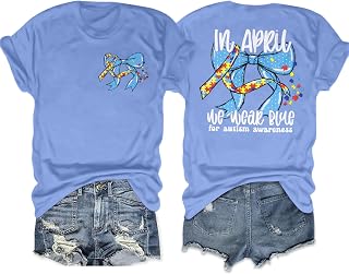 ALLTB Autism Awareness Shirt Women in April We Wear Blue Shirt Autism Mom Tee Autism Puzzle Graphic Short Sleeve Tops