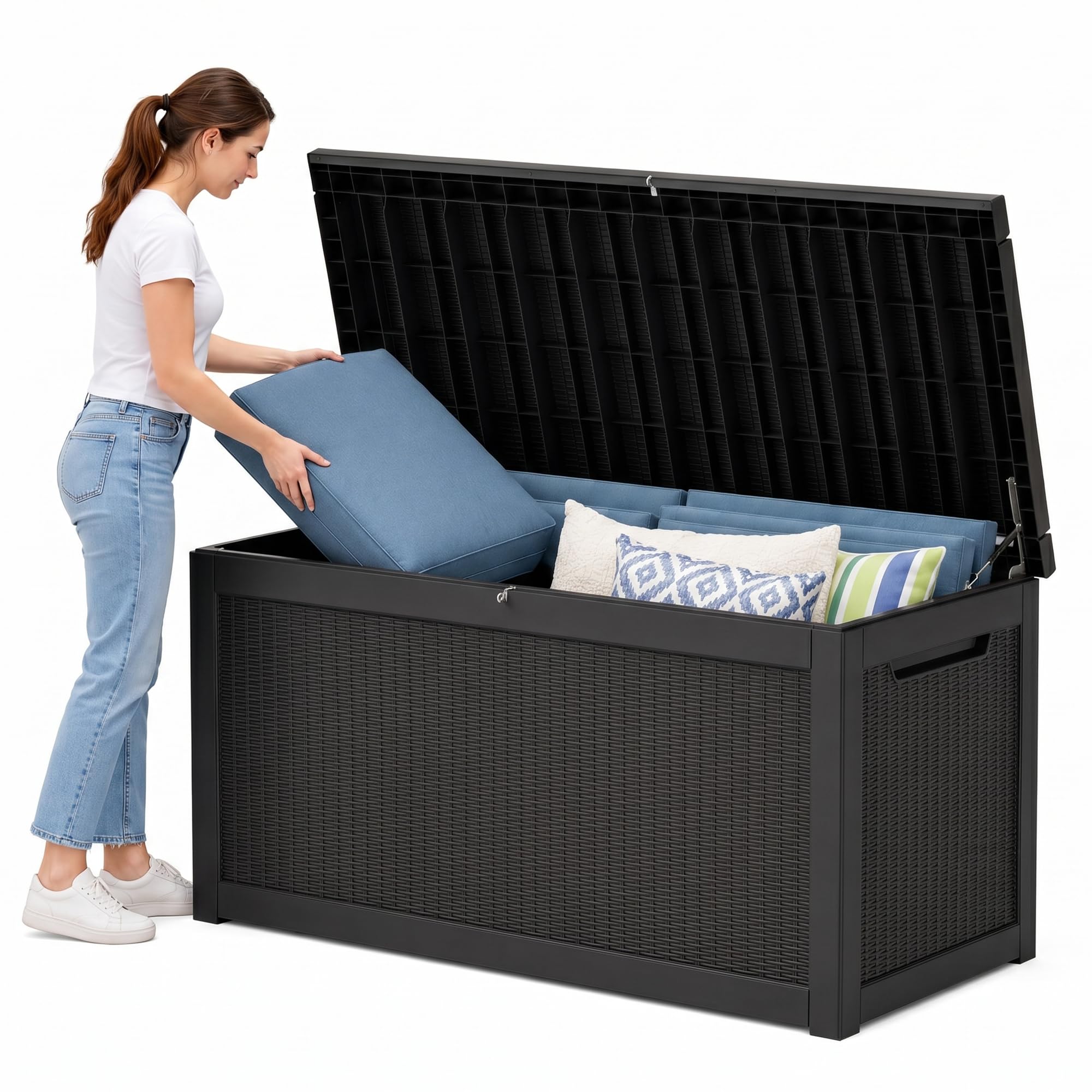 380 Gallon Extra Large Outdoor Storage Box，Resin Waterproof Deck Box，Black | Loc