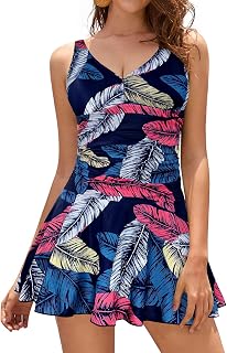 SHEKINI Women's One-Piece Swimsuit V-Neck Elegant Swimsuit Dress Swim Skirt Retro Ruched Tummy Control Swimming Dress Bathing Skirt Tankini