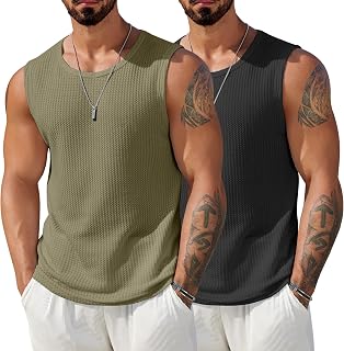 COOFANDY メンズ カジュアル タンクトップ 2パック ワッフルニット ノースリーブ シャツ 通気性タンクトップ 夏 マッスルTシャツ