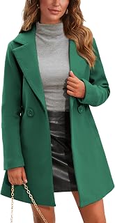 Springrain Women's Notched Lapel Collar Double Breasted Pea Midi Long Coat