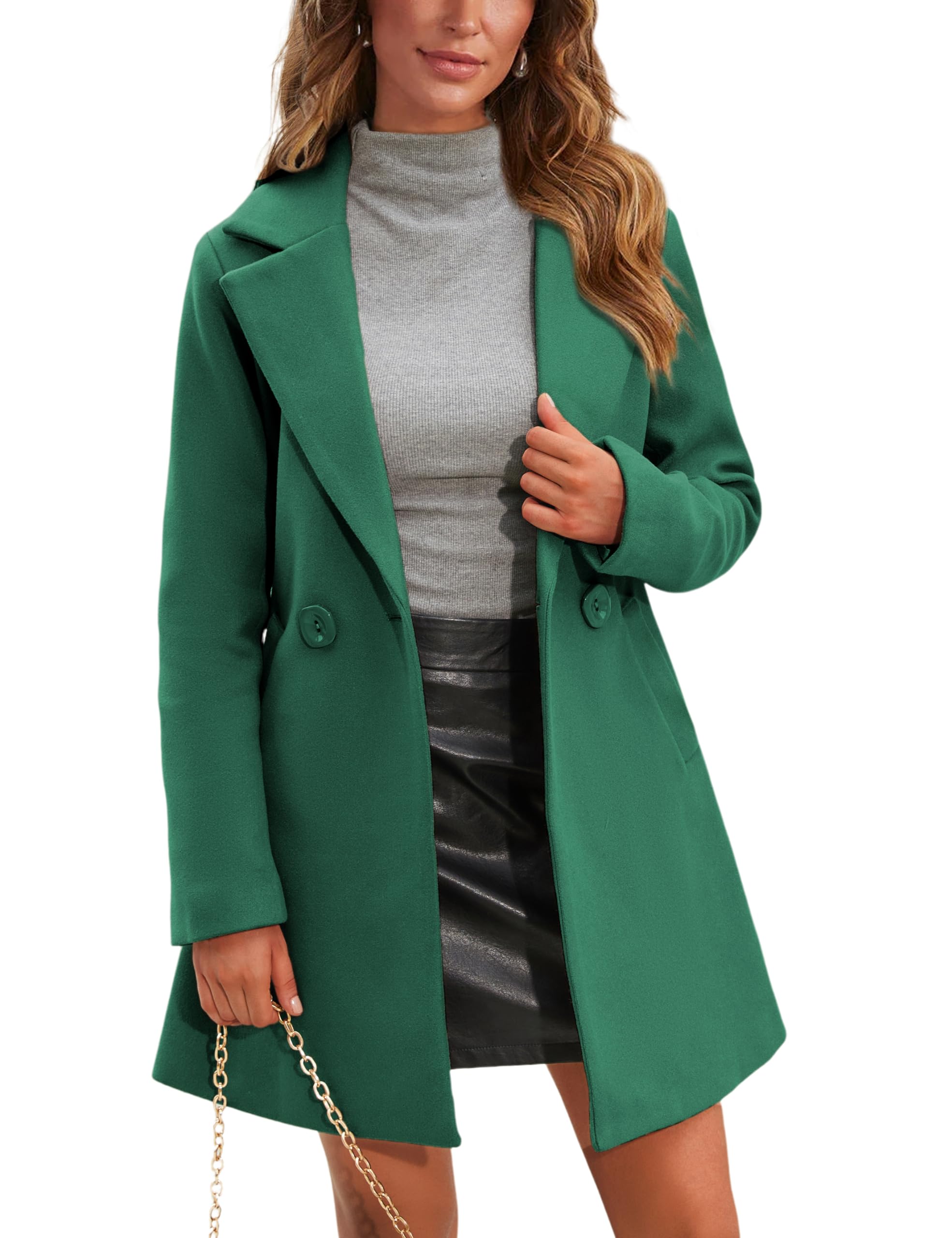 Springrain Women's Notched Lapel Collar Double Breasted Pea Midi Long Coat