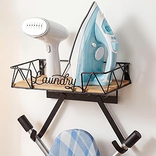 PERFNIQUE Ironing Board Holder, Iron Board Wall Mount, Ironing Board Hanger, Laundry Room Organization with Removable Hooks(T&V Shaped), Wooden Base Basket, Farmhouse Laundry Room Decor (Laundry)