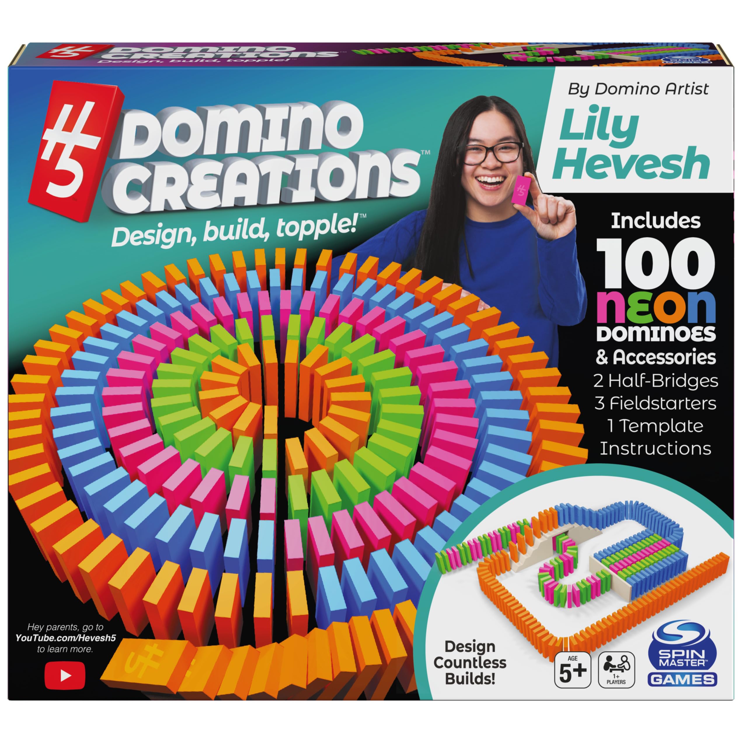 H5 Domino Creations 100-Piece Neon Set by Lily Hevesh, for Families and Kids Age