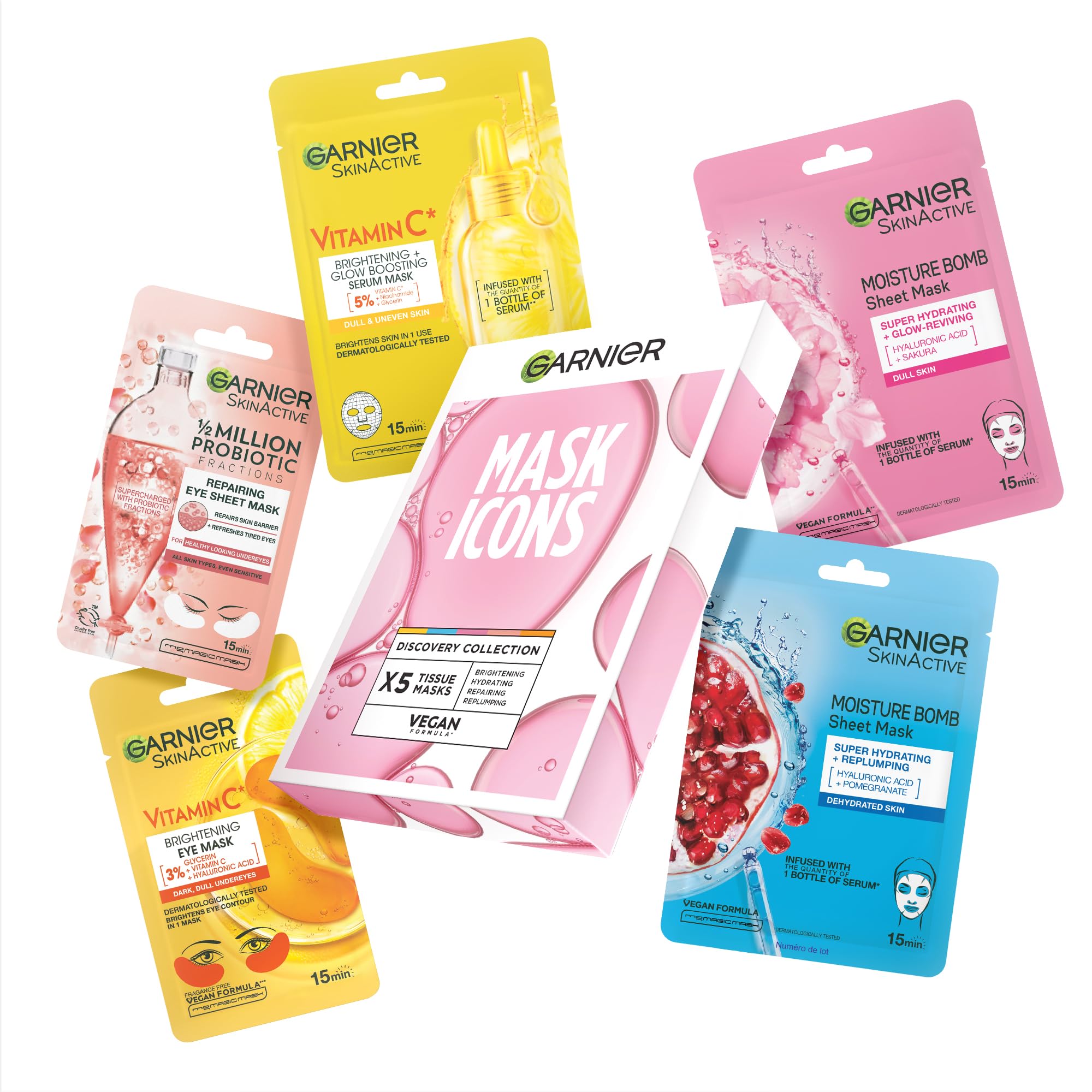 Garnier Face & Eye Sheet Masks, Mask Icons Discovery Collection (Pack of 5) | Wi