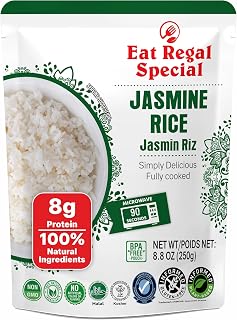 Eat Regal Ready to Eat Jasmine Rice, 8g Protein per Pouch, 1.5 Minutes Microwave Rice, Zero Sodium & Cholesterol, Made with 5 Non-GMO Ingredients, Gluten-Free, Halal & Kosher, BPA-Free Pouch, 8.8 oz Pack of 6