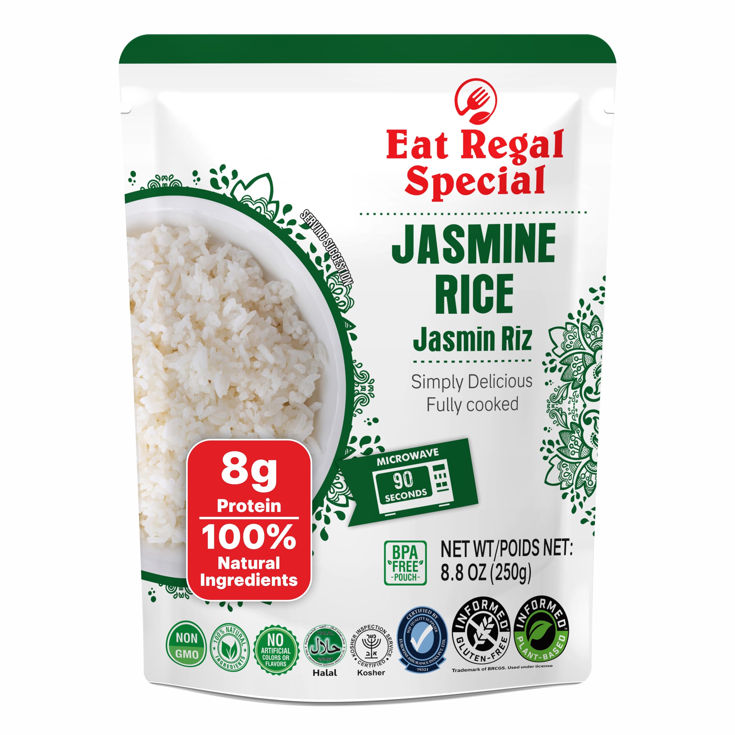 Eat Regal Ready to Eat Jasmine Rice, 8g Protein per Pouch, 1.5 Minutes Microwave