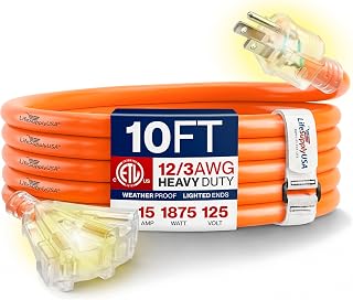 10ft Outdoor/Indoor Extension Cord 3-Outlet 12/3 Gauge Extra Heavy Duty ETL Listed, 3 Prong SJTW, Waterproof, Flexible Cold-Resistant Long Power Cord,15A 125V 1875W, Orange by LifeSupplyUSA