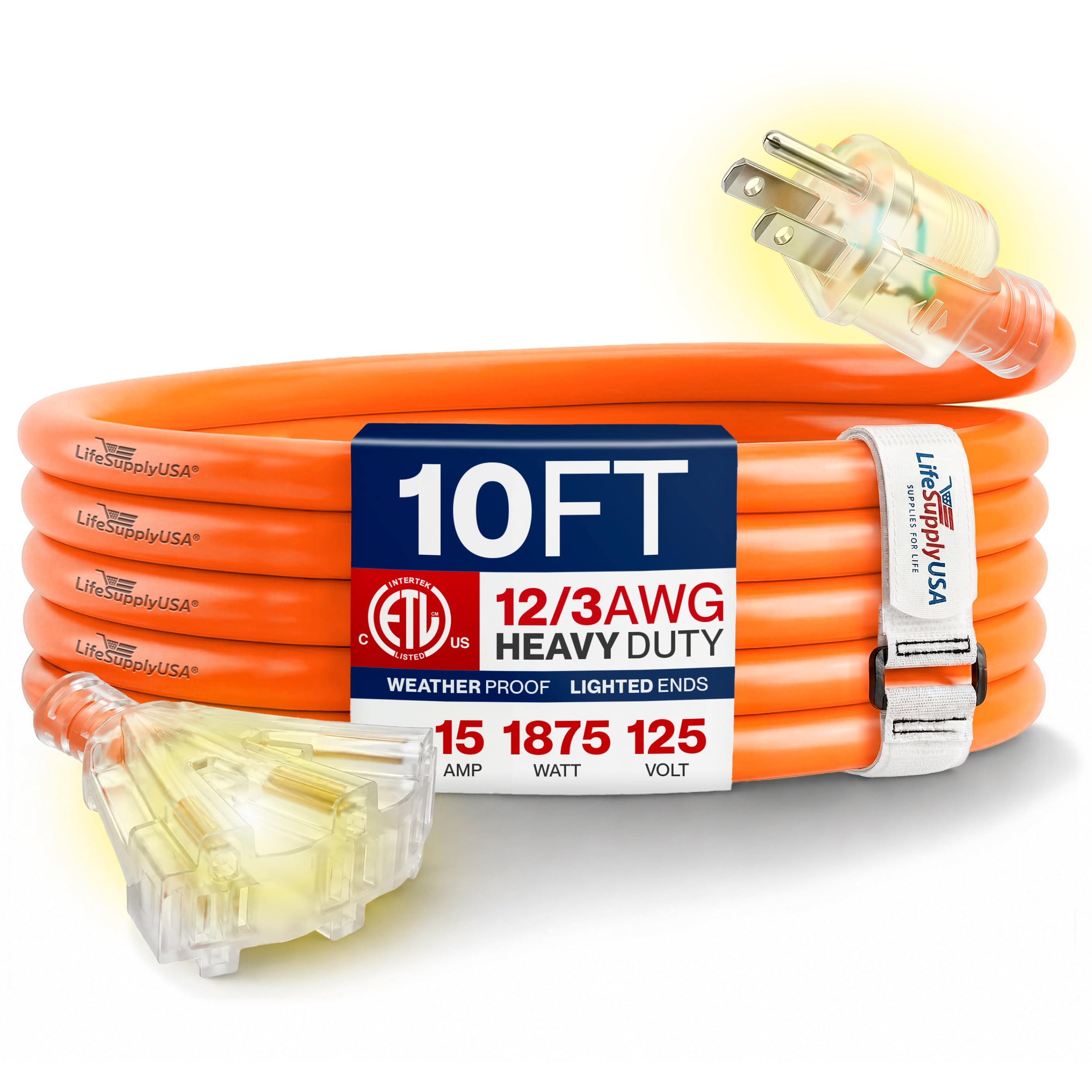10ft Outdoor/Indoor Extension Cord 3-Outlet 12/3 Gauge Extra Heavy Duty ETL List