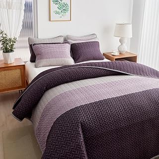 Flysheep Boho Striped Quilt Set Twin Size, 2 Pcs Purple and Grey Reversible Bedspread, Brushed Microfiber Coverlet for All Season, 1 Quilt + 1 Pillow Sham