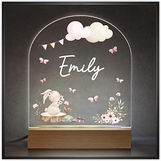 Beecreative Personalised Baby Girl Gifts - Custom LED Nursery Night Light - Girls Rabbit Bedroom Lamp with Childs Name