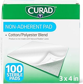 CURAD Sterile Non-Adherent Dressing Pads, 3 in x 4 in, Box of 100 | Absorbent Rayon and Polyester Material, Cushions Wounds Comfortably, Soft Edges for Gentle Protection