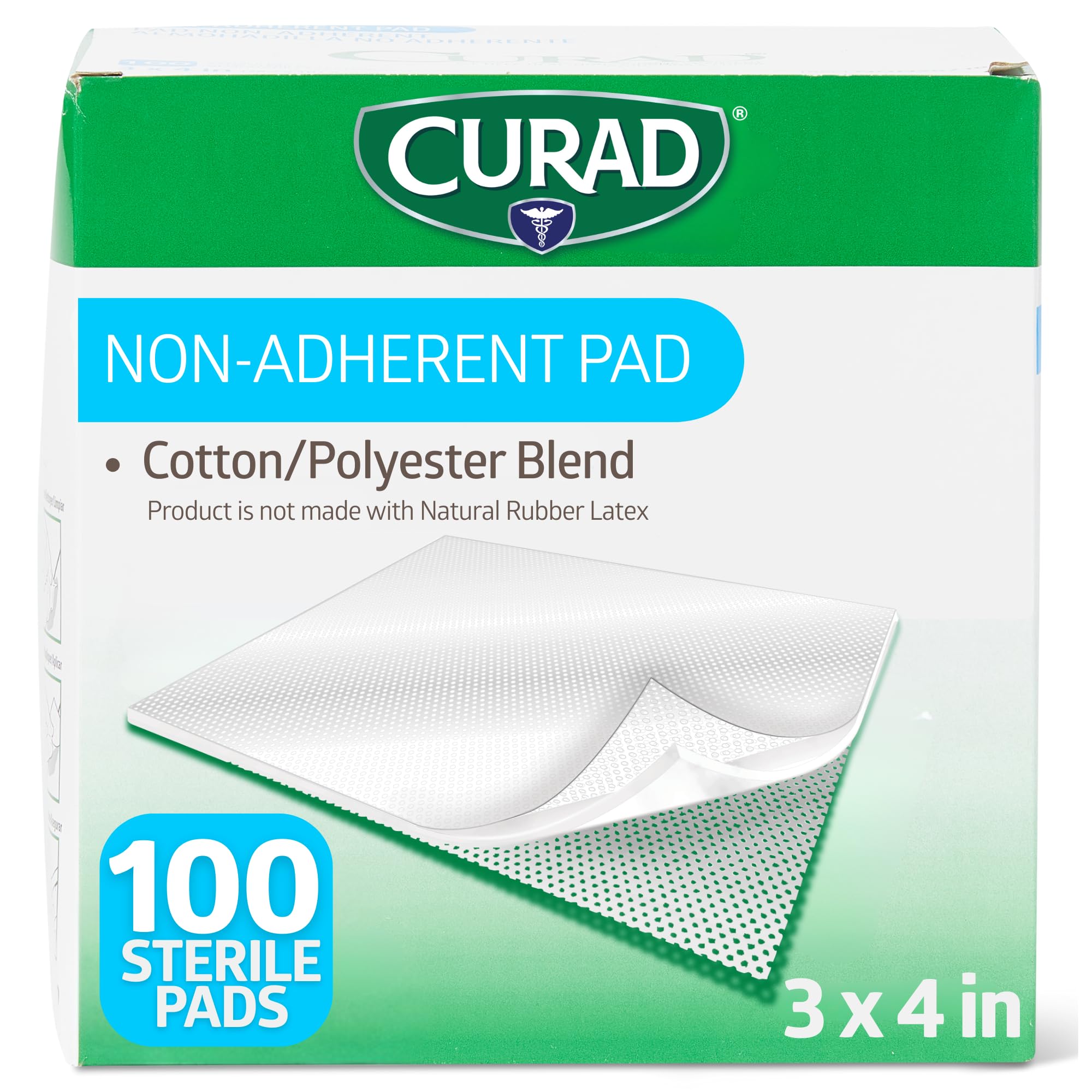 CURAD Sterile Non-Adherent Dressing Pads, 3 in x 4 in, Box of 100 | Absorbent Ra