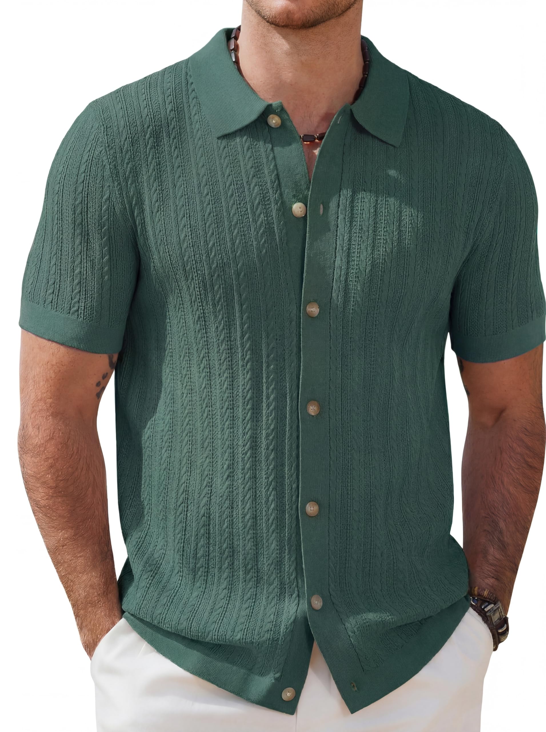 COOFANDY Men's Short Sleeve Knitted Button Collar Twist Polo Shirt for Summer Go