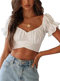 LYANER Women's Off Shoulder Ruffle Short Sleeve Tie Back Blouse