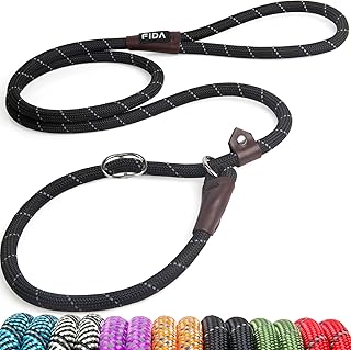 Fida Durable Slip Lead Dog Leash, 6 FT x 1/2" Dog Training Leash, Black | For Large Medium Dogs, Comfortable Heavy Duty Rope Slip Leash, Highly Reflective for Night Safety, No Pull Pet Loop Leash